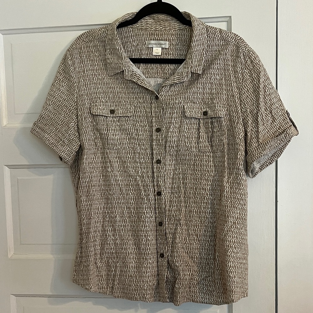 Christopher & Banks Tan and White Short Sleeve Button Down Top